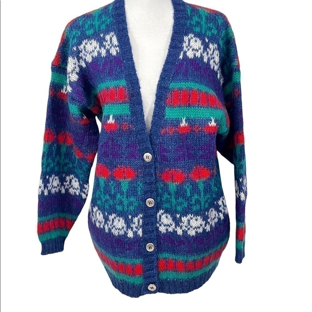 Vintage V Neck Mohair Blend Striped and Floral Cardigan Boxy Fit